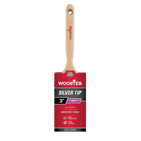 The WOOSTER Silver Tip Paint Brush, with a 3-inch width and a wooden handle, comes in red packaging. Engineered for precision painting, it guarantees smooth coverage and is ideal for use with all types of paint.